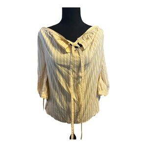 R2 Women Tie Front Vertically Stripped 3/4 SleeveYellow Lightweight Top Size 3X